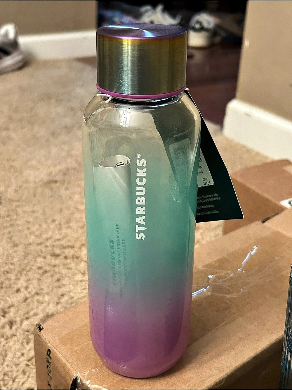 Starbucks Glass Water Bottle Ombre Green & Pink NWT